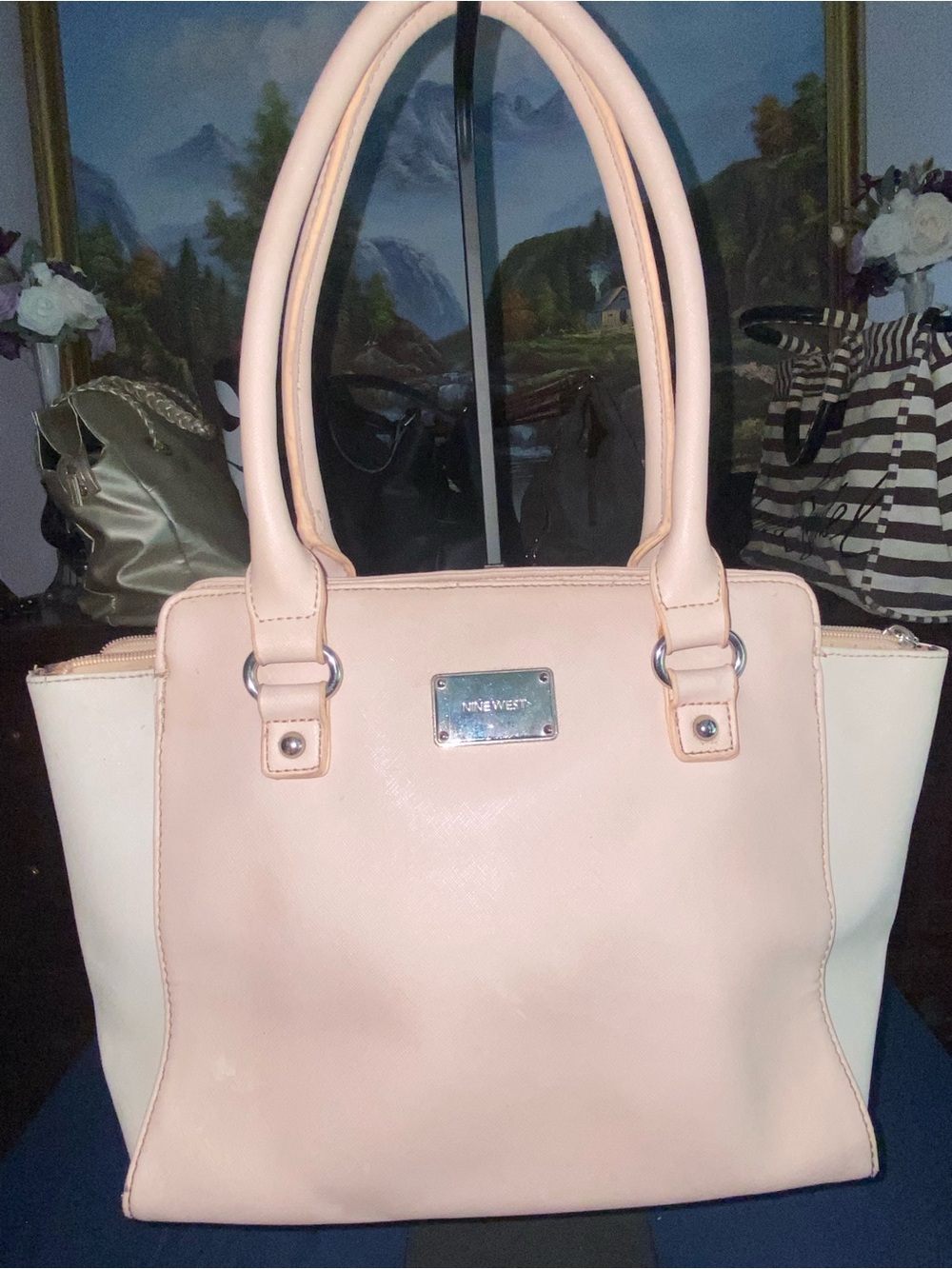 Nine West Pink and Cream Double-Handle Tote Colorblock